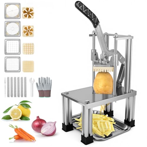 Commercial French Fry Cutter with 4 Replacement Blades, 1/4" and 3/8" Blade Easy Dicer Chopper, 6-wedge Slicer and 6-wedge Apple Corer, Lemon Potato Cutter