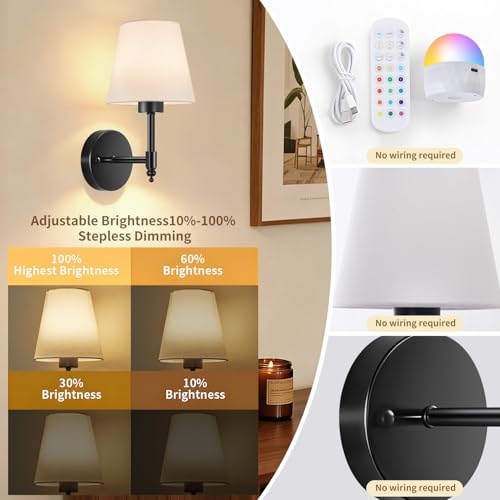 Image of Battery Operated Wall Sconces Set of Two, Rechargeable Wireless Wall Lights with RGB Dimmable Magnetic Bulb and Remote,15 Colors Options Wireless Wall Lamps for Bedroom Living Room Hallway -black