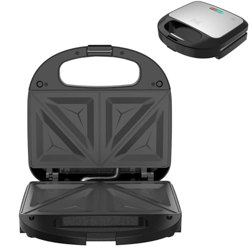 KROWN - Sandwichera Doble 750W con Placas Antiadherentes Triangulares, Libre de BPA, Indicador LED, Asa de Tacto Frío, Diseño Compacto en Acero y Negro (2 Sandwiches)