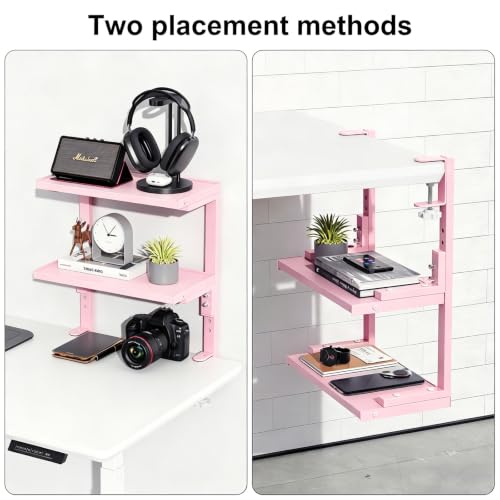 Image of 2-Tier Desk Shelf, Expandable Under Desk Storage, Clamp on Desk Shelf, Desktop Accessories for Offices, Study Rooms, and Game Rooms (Pink)