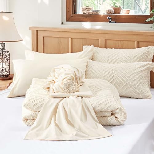 Image of Zzlpp Queen Comforter Set 7 Pieces, Cream Tufted Bed in a Bag with Comforter and Sheets, All Season Boho Bedding Sets with 1 Comforter, 2 Pillow Shams, 2 Pillowcases, 1 Flat Sheet, 1 Fitted Sheet