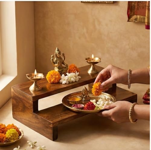 Image of Premium Wooden Pata Chowki for Pooja |2 Step Pata Chowki Decorative bajot for Sitting Pooja Temple Stool for Mandir| Handcrafted Wooden Bajot Chowki for Temple, Home & Decorative Use (Brown)
