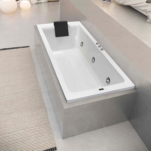 Bañera Hidromasaje 180 x 80 x 57cm | Jacuzzi Interior Blanco con 6 Chorros Jets Orientables y Reposacabezas Negro | Sistema Eco Neumático