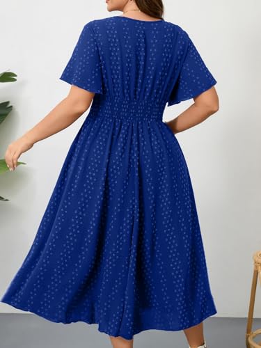 Image of RWJ Women's Plus Size Maxi Dress V Neck Short Sleeve Swiss Dot A Line High Waist Boho Swing Casual Summer Dresses