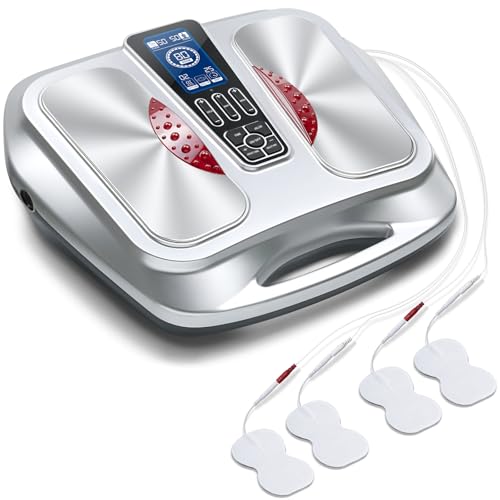 EMS Foot Massager with Heat,TENS Electronic Muscle Circulation Stimulator with 4 Electrode Pads for Neuropathy,Relieves Swelling, Fatigue, Plantar Fasciitis-Silent Operation (Silver) (Silver)