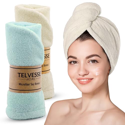 Mikrofiber Saç Havlusu Süper Emici Hızlı Kuruyan Türban Saç Havlusu Şapkası; Uzun Kıvırcık Kalın Saçlar için Duş Saç Kurutma Havlusu, Plaj Havuz Banyo Kullanım (2'li Krem + Turkuaz)