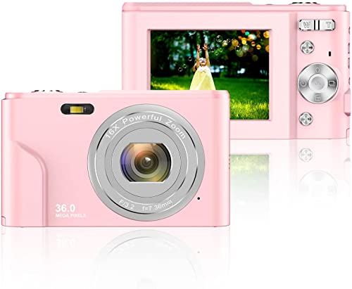 Digital Camera, AOREGRE FHD 1080P 36.0 MP Vlogging Camera with 16X Digital Zoom, 2.4 Inch LCD Screen, Compact Mini Small Camera Gift for Teens, Kids, Students (Pink)
