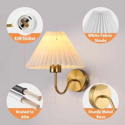 Image of Gold Wall Sconces Sets of 2, Indoor Wall Light Fixtures with Fabric Lampshade, Pleated Fabric Wall Lamp Dresser Hardwired Lamp Wall Lighting Fixture for Bedroom Living Room Porch Dining Room