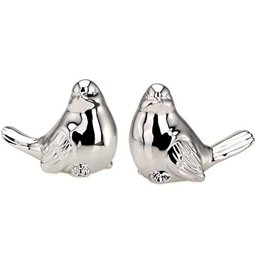 H.Bauer jun. Deko-Vögel Figurenset 2-teilig - silberfarbene Spatzen aus Porzellan, glänzend & charmant, Frühlingsdeko und Geschenkidee