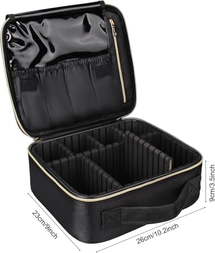 Image of Relavel Travel Makeup Train Case Makeup Cosmetic Case Organizer Portable Artist Storage Bag with Adjustable Dividers for Cosmetics Makeup Brushes Toiletry, Black with Gold Zipper