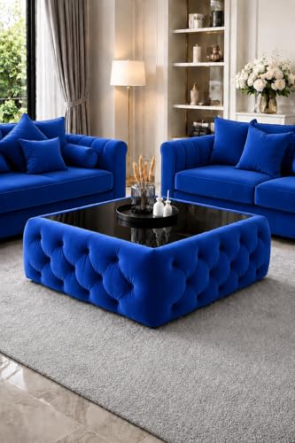 Image of Premium Tufted Upholstered Coffee Table with Mica Top - Modern Square Ottoman Center Table, Soft Velvet Finish, Luxury Living Room Furniture - 30 x 30 x 18 Inch (Royal Blue)