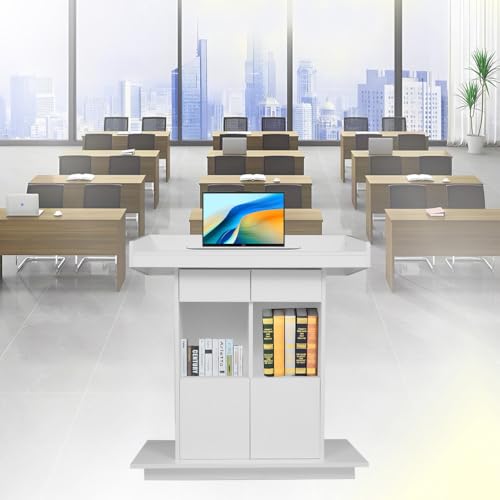 Wooden Podium with Storage for Churches &amp; Classrooms - Easy to Clean &amp; Assemble, White Finish, Dimensions L39.4×W19.6×H44.3 - Ideal for Professional Presentations &amp; Public Speaking