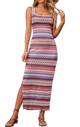 PRETTYGARDEN Tank Dress for Women 2026 Summer Casual Striped Maxi Dresses Fitted Square Neck Beach Vacation Bohemian Sundress (Pink Purple,L)