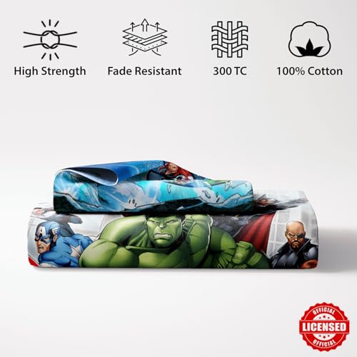 Image of Sassoon Marvel Avengers (Blue) Digital Printed, Cotton Single Bedsheet, 300 TC, 1 Pillow Cover, Fade Resistant, Bedsheet for Kid's Bedroom, (1.50m X 2.35m)