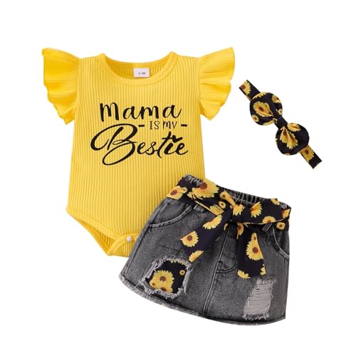 Image of CETEPY Baby Girl Clothes Newborn Romper Ruffle Sleeve Short Jeans Skirt with Headband Infant Outfits Set 0-18 Months