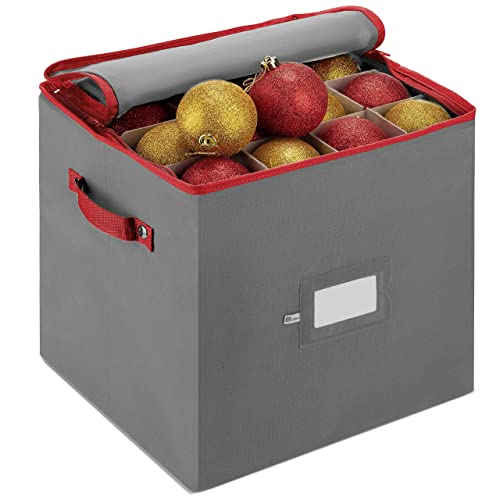 ZOBER Christmas Ornament Storage Box - Stores 64 3" Ornaments, With Dividers - Ornament Organizer Storage Box, Durable Christmas Containers Holder, Dual Zipper - Gray