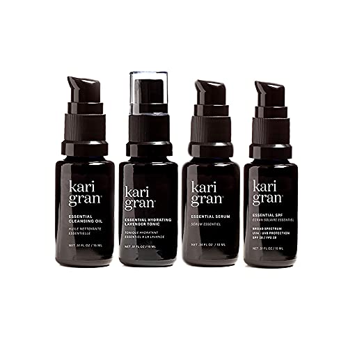 Kari Gran Mini Kit, Lavender, includes Essential Cleansing Oil, Essential Hydrating Lavender Tonic, Essential Serum, and Essential SPF 30.