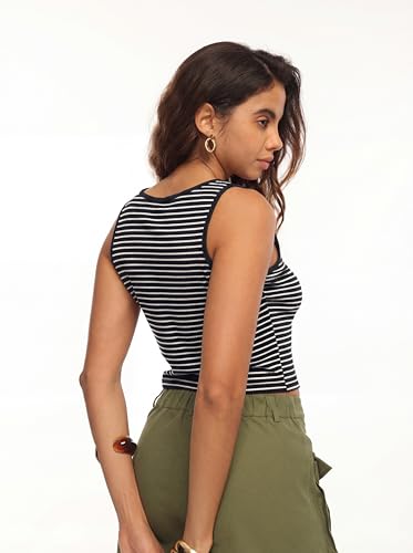 HiMONE Women’s Sleeveless Striped Tank Top Crew Neck Crop Top Slim Fit Stretch Knit Casual Summer Fitted Shirt XS — view 5