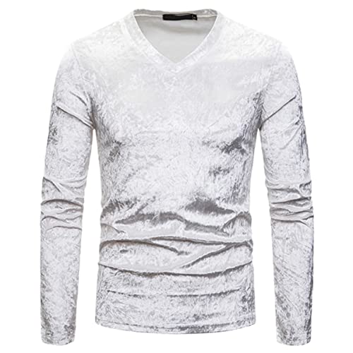 T-shirt col en V velours blanc manches longues homme pour soirée M