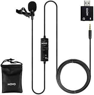 Movo LV1-USB Lavalier Microphone for Computer, Lapel Microphone for iPhone and Android Smartphones, Lav Mic, Clip on Microphone for 3.5mm, USB, Laptop, Desktop, PC, Mac, Cameras, Podcasting, YouTube