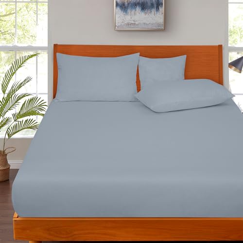 Image of ROYALE LINENS 300 Thread Count 100% Long Staple Combed Cotton Fitted Sheet Queen - Super Soft Deep Pocket Bottom Sheet - Fitted Sheets Only - Elastic Sheets (Queen, Lake Blue)