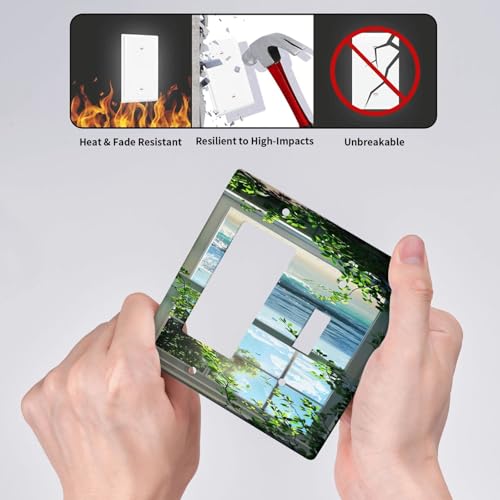 Decorative Outlet Covers Window Beach Seascape View Green Leaves 2 Gang 1 Gang Wall Plate Cover Single Toggle Rocker Combo Light Switch Cover Plate Face Plate for Bathroom Decor