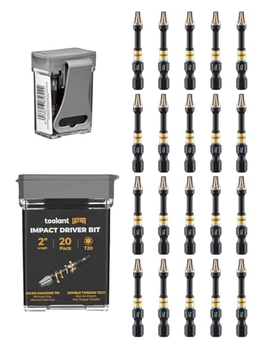 Image of toolant T20 2 inch Impact Torx Bits, 1 /4 inch Hex, S2 Steel, 20-Piece Set | Diamond-coated CNC tips grip screw heads, while strengthened magnets hold screws in tight spaces.