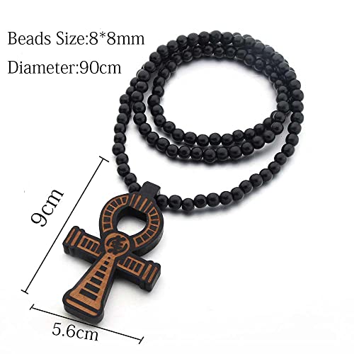 Colorful Bling African Egyptian Ankh Cross Pendant Handmade Wooden Beads Protection Coptic Ankh Necklace Religious Hip Hop Jewelry For Men Women-Black Brown #TOP2