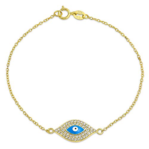 Cubic Zirconia CZ Tiny Blue Evil Eye Charm Bracelet For Teen For Women 14K Gold Plated 925 Sterling Silver