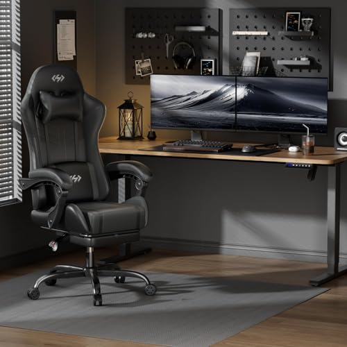 HLDIRECT Gaming Chair, Video Game Chair with Pocket Spring Cushion, Ergonomic Computer Chair for Adults with Headrest and Massage Lumbar Support, Swivel PU Leather Office Chair (Black) by HLDIRECT - Image 2