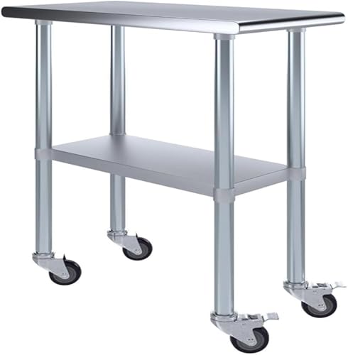 Mesa de trabajo comercial de acero inoxidable con estante inferior y ruedas (20x20)