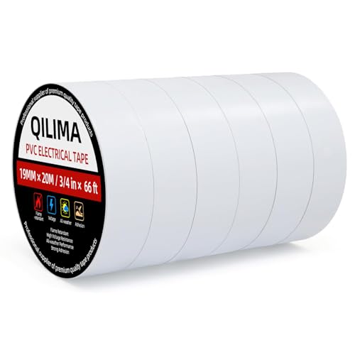 QILIMA White Electrical Tape 19mm x 20m Strong Self-Adhesive PVC Insulation Tape for Insulating Repairing and Protecting Electrical Wires Pack of 6 Rolls