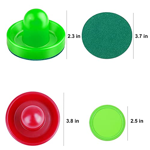 16 Pack Air Hockey Pushers and Replacement Air Hockey Pucks for Air Hockey Table Games, 4 air Hockey Pushers (Contain red, Black, Blue and Green), 4 Green Pads, 4 Red Pucks and 4 Green Pucks