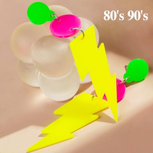 80s Neon Earrings for Women - Acrylic Lightning Bolt Drop Dangle Earrings, Retro Glow Party Accessories for 80s Outfit & Theme Parties (1 Pair)3