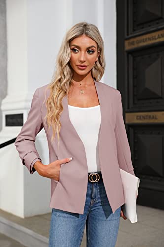 Ofenbuy Womens Casual Blazer Ruched 3/4 Sleeve Open Front Relax Fit Office Lightweight Cardigan Jacket Blazers (Large, Pink) #TOP3