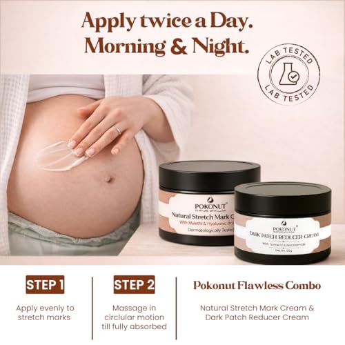 Image of POKONUT Flawless Skin Combo-Pokonut Dark Patch Removal Cream With Turmeric & Niacinamide, 50G Pokonut Natural Stretch Mark Cream With Mulethi & Hyaluronic Acid, Dermatologically Tested (50 gm, Combo - Pack of 2)