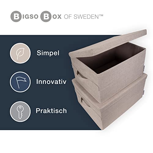 BIGSO mittelgroße Aufbewahrungsbox mit Deckel und Griff – Schrankbox aus Polyester und Karton in Leinenoptik – Faltbox für Kleidung, Bettwäsche, Spielzeug usw. – beige