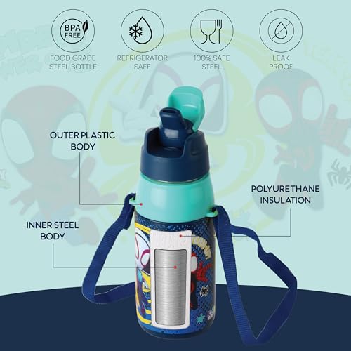 Image of CELLO Kidzbee Era 400 Insulated Kids Water Bottle 400 ml, Navy Blue | 3D Touch & Feel Web Warriors Design One Hand Grip Lightweight Leakproof Easy Sip Flip Cap Insulated Water Bottle for School Kids