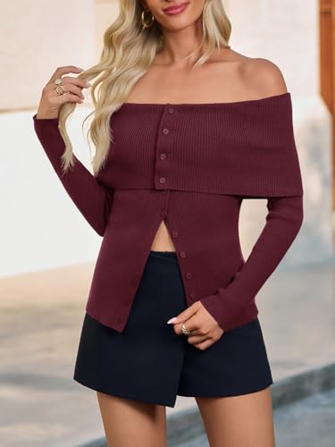 Saodimallsu Womens Off The Shoulder Sweaters Long Sleeve Fitted Ribbed Knit Button Down Trendy Date Night Sweater Tops4