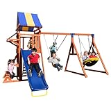 Sportspower Willow Creek Outdoor Kids Wooden Swing Set, Brown/Blue/Yellow (WP-603)