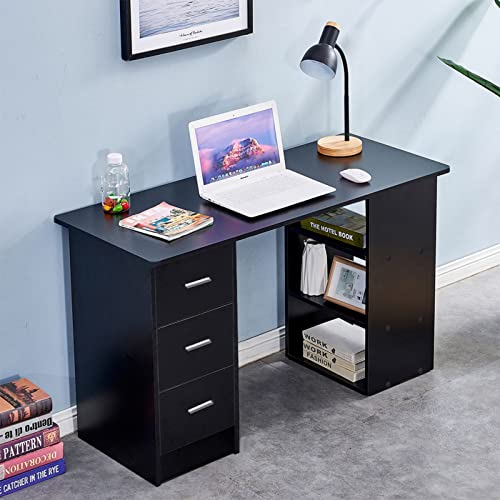 NICEME Schreibtisch mit Schubladen und Regal, 120x49 cm Computertisch Schwarz, Schreibtisch mit Stauraum… – Bild 4