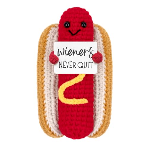 A AIFAMY Funny Positive Coffee, Emotional Crochet Doll, Cute Crochet Potato Partner Toy with Positive Card Cheer Up Funny Gag Gifts for Best Friend Birthday Women Teacher Fall（Hotdog