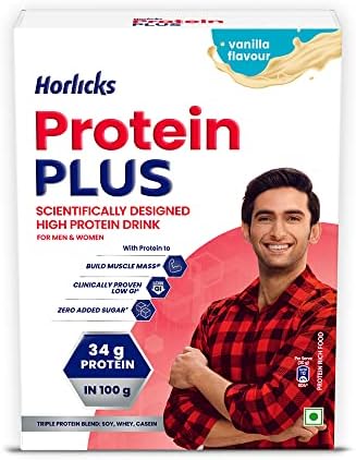 Horlicks Protein Plus Vanilla, 400 g, BIB - Whey, Soy & Casein Powder Blend, For Muscle Mass & Strength, Veg