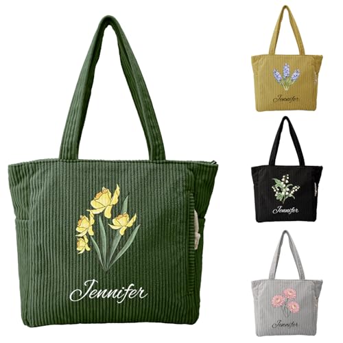 Personalized Birth Flower Corduroy Tote Bag miniatura 1