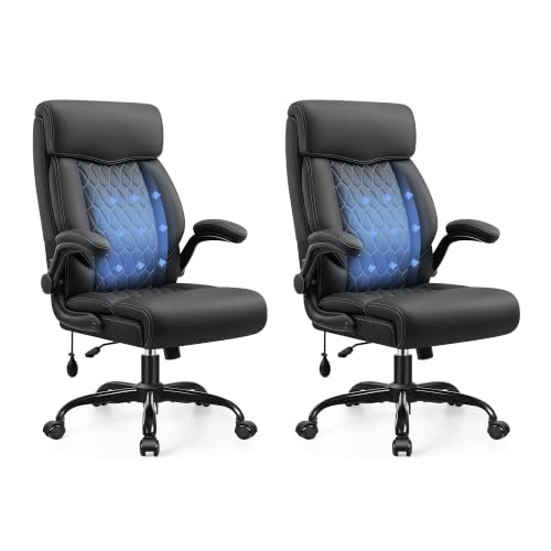Image of Ergonomic Office Chair with Lumbar Support, Executive Leather Computer Desk Chair with Flip Up Arms & Rocking Function, High Back Big and Tall Comfortable Gaming Chair for Home Office