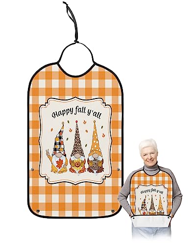 Thanksgiving Gnomes Adult Bibs for Eating, Waterproof Bibs with Food Catcher & Adjustable Snap Closure, Orange Plaid Pumpkin Leaves Washable Clothing Protectors Adult Bibs for Elderly Women/Men