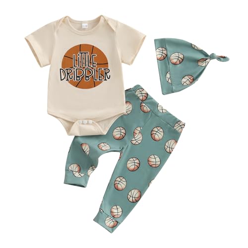 Image of Infant Baby Boy Game Day Outfit Short Sleeve Basketball Romper + Pants + Hat 3Pcs Summer Clothes Set