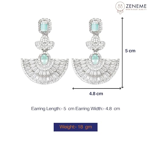 Leaf Shaped Drop Earrings with American Diamond in Rhodium Plating