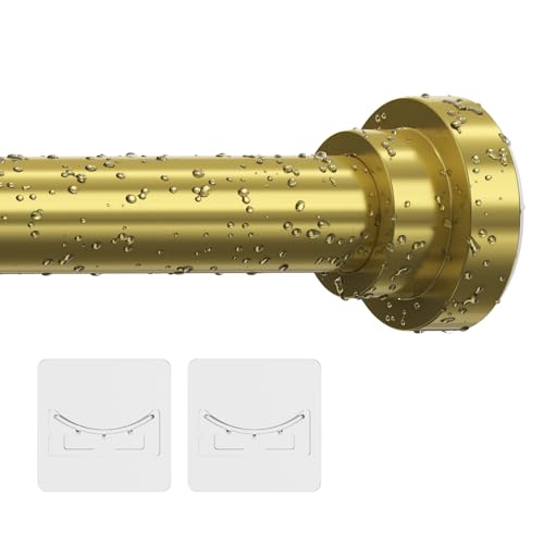Samstar Gold Shower Curtain Rod 32-83 Inches(2.6-6.9ft) Adjustable Spring Tension Rod No Drilling with 2 Free Anti-Slip Holder for Bathroom Window Living Room Gold