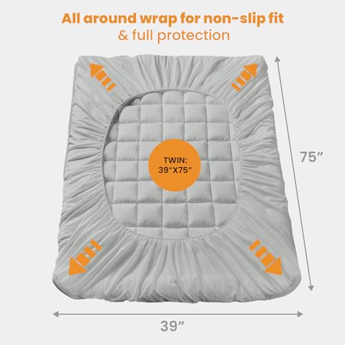 MATBEBY Twin Size Mattress Pad - Cooling Breathable Mattress Topper, Quilted Fitted Mattress Protector, Pillow Top Mattress Cover with 8-21" Deep Pocket, Machine Washable, Light Grey, 39x75 Inches